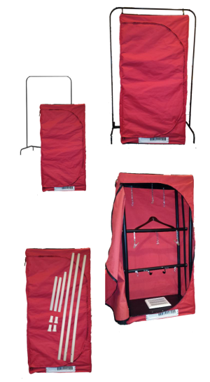 a Stor-n-Dri on a clothing rack system, the inside of the wardrobe, and optional pole support kit